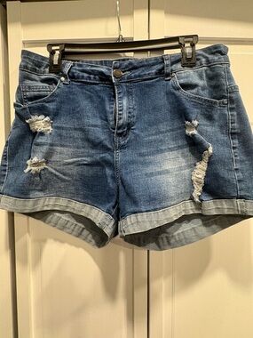 Women's Dark Blue Distressed Denim Shorts